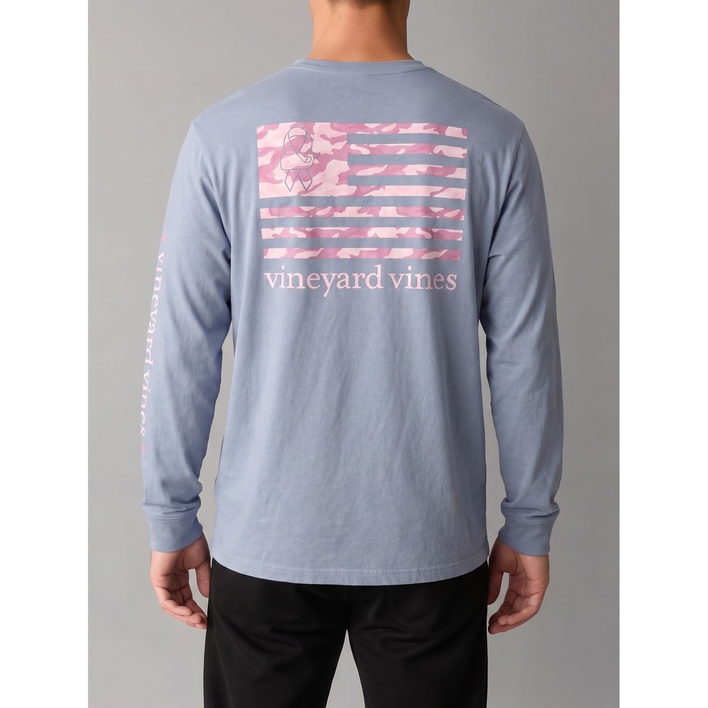 Vineyard Vines Breast Cancer Ribbon Long Sleeve T-Shirt Women's XL Blue